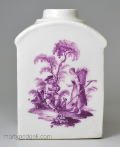 German porcelain tea canister painted with rural scenes in purple, circa1750, possibly Meissen