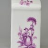 German porcelain tea canister painted with rural scenes in purple, circa1750, possibly Meissen