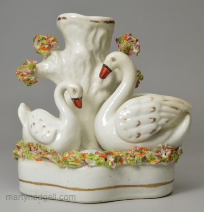 Staffordshire pottery swans spill vase, circa 1860