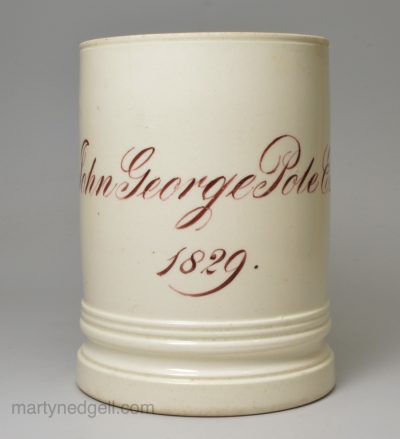 John George Pole Esquire's creamware pottery tankard dated 1829