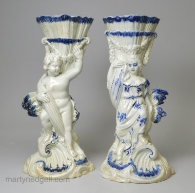 Pair of pearlware pottery figural spill vases, circa 1790