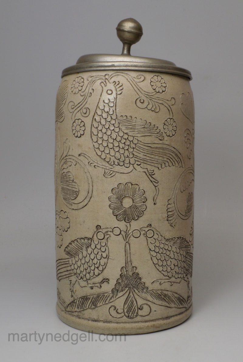 Westerwald saltglaze stoneware tankard with incised decoration, circa 1780