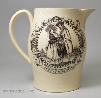 Staffordshire creamware pottery jug printed with 'OBEDIAH tempting the PRETTY MILLINER', circa 1780