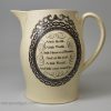 Staffordshire creamware pottery jug printed with 'OBEDIAH tempting the PRETTY MILLINER', circa 1780