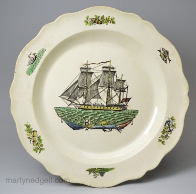 Creamware pottery plate printed with an English man of war, circa 1790, possibly Enoch Wood