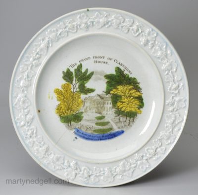 Pearlware pottery child's commemorative plate 'THE GRAND FRONT OF CLAREMONT HOUSE', circa 1817, Stevenson Pottery