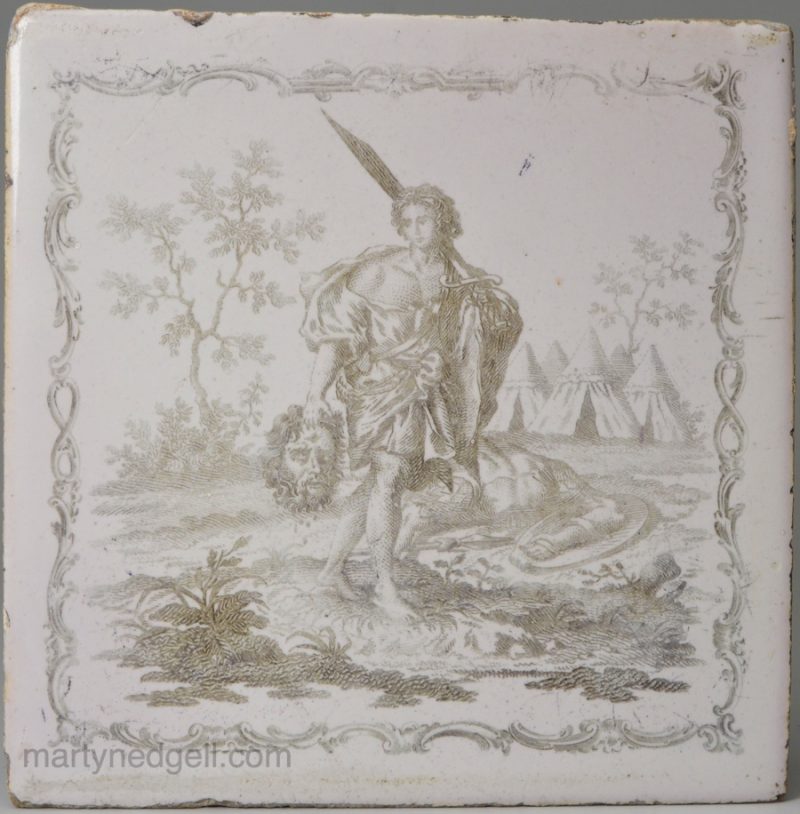 Liverpool Delft Sadler printed biblical tile, circa 1760 David with Goliath's head