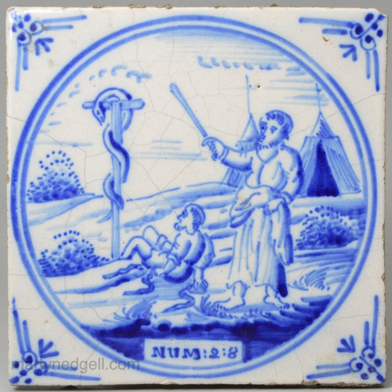 Dutch Delft biblical tile Moses and the Brazen Serpent, NUM 21:v9, circa 1800