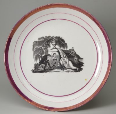 English porcelain commemorative saucer dish, circa 1817 printed with Britannia and Prince Leopold mourning Princess Charlotte