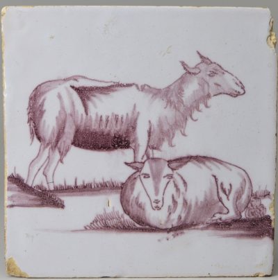 Liverpool delft tile decorated in manganese with sheep, circa 1750