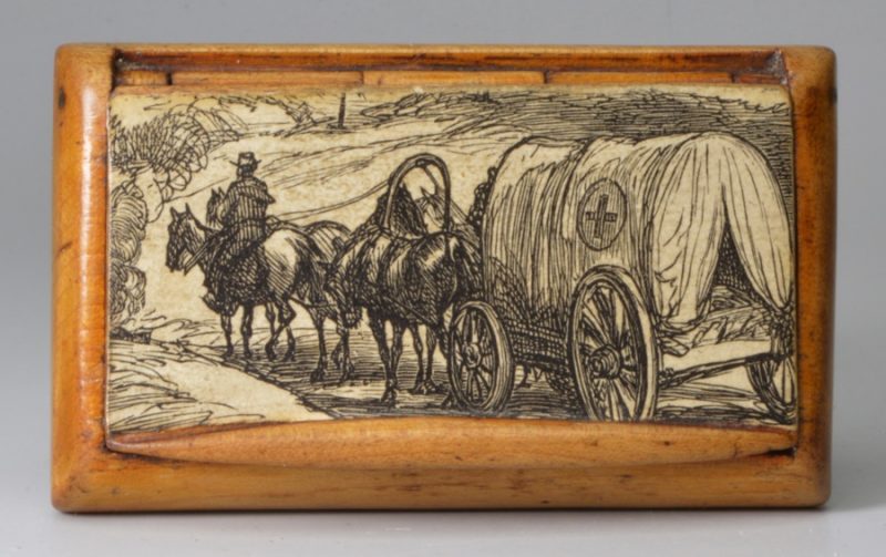 Masculine wear snuff box decorated with a print of a US civil war ambulance, circa 1870