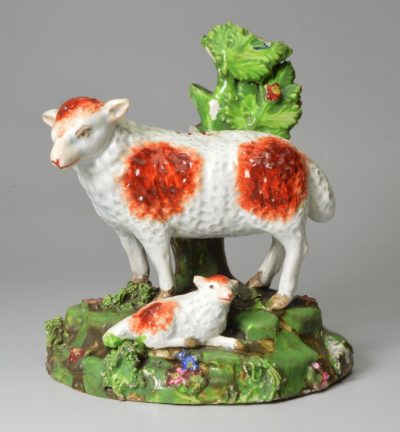 Staffordshire pearlware pottery sheep group decorated with the owner's initials 'AC', circa 1820