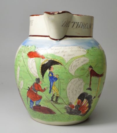 Pearlware pottery 'BONAPARTE DETHRON'D April 1st 1814' commemorative jug, probably Swansea Pottery