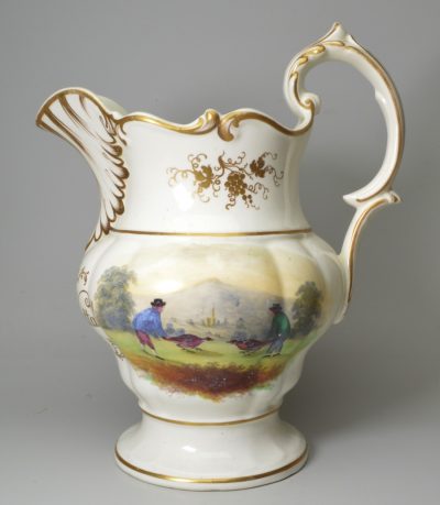 George Nuttalls English porcelain jug painted with cock fighting and pheasant shooting, dated 1844