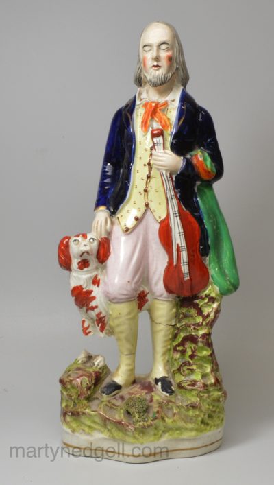 Large Staffordshire pottery figure of the blind violinist and his spaniel, circa 1860