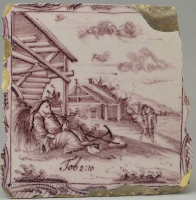 Dutch Delft biblical tile A Friend bringing Job new clothes, circa 1750