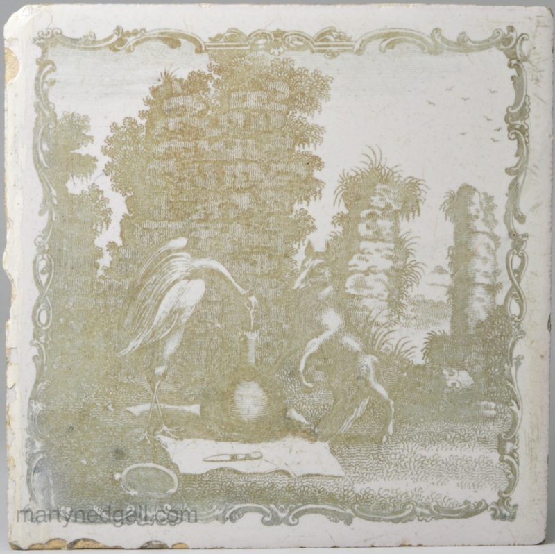 Liverpool delft tile Sadler printed with Aesop's Fable the Fox and the Crane, circa 1770