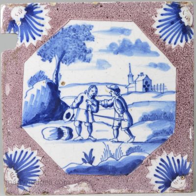 London delft tile painted in blue with what looks like a robbery at sword point, circa 1720