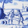 London delft tile painted in blue with what looks like a robbery at sword point, circa 1720