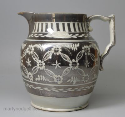 Pearlware jug with silver resist lustre decoration, circa 1830