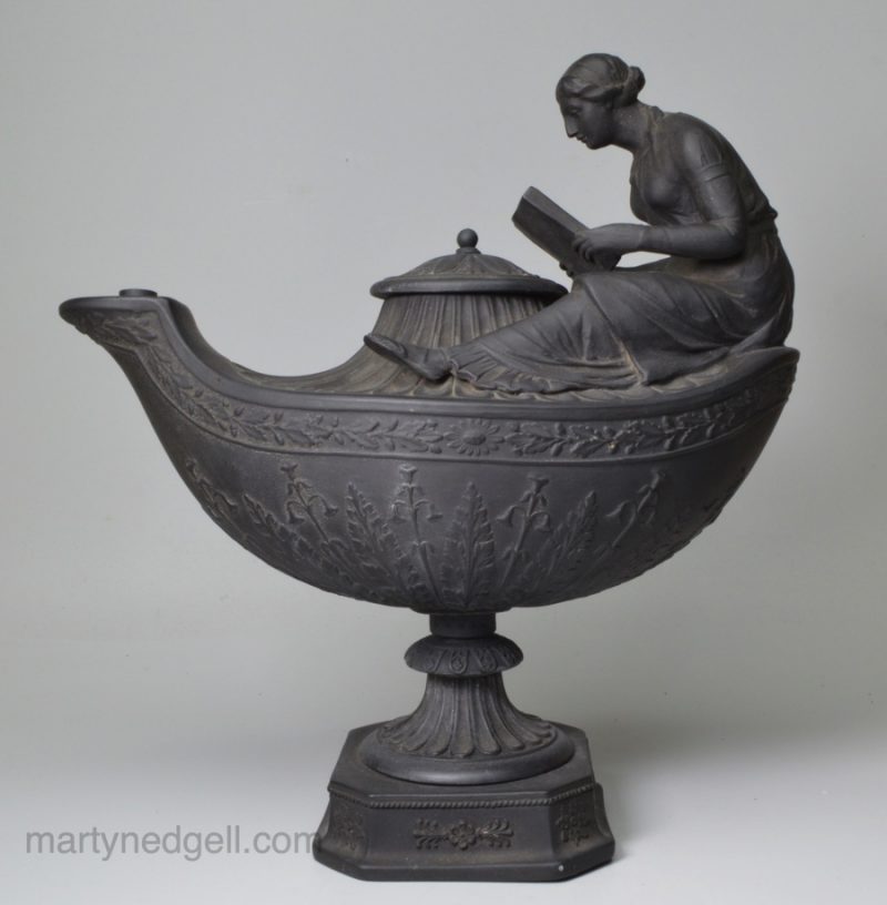 Wedgwood basalt figural oil lamp, circa 1820