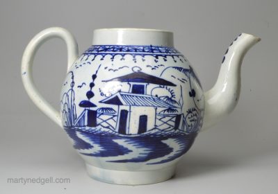 Pearlware pottery lidless teapot decorated in blue under the glaze, circa 1800
