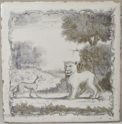 Liverpool Delft tile printed by Sadler with a Æsop's fable The Fox and lioness, circa 1770