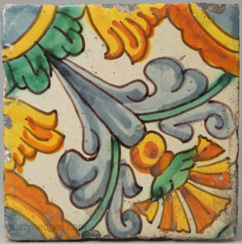 Spanish tin glazed tile, circa 1650, probably Catalonia