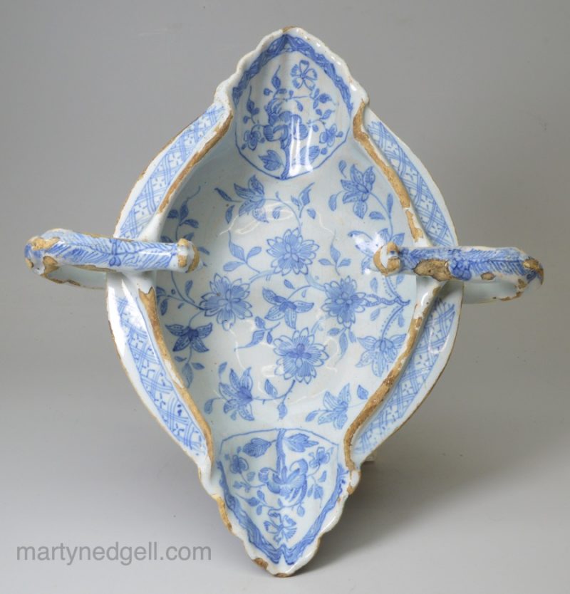 Liverpool delft two fox handled sauce boat, circa 1750