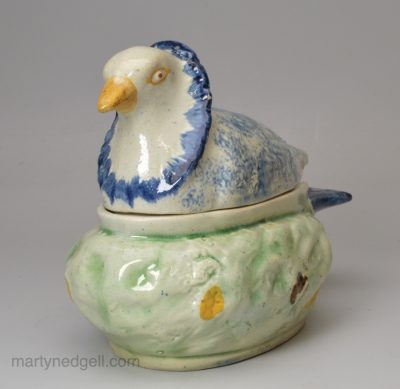 Pearlware pottery dove tureen decorated with colours under the glaze, circa 1800