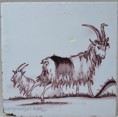 Liverpool delft tile decorated in manganese with goats, circa 1750