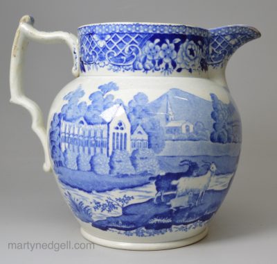 Pearlware jug decorated with blue transfer print under the glaze, circa 1820