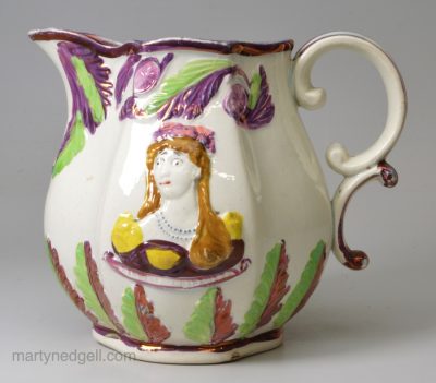Pearlware pottery jug moulded with Princess Charlotte and Prince Leopold, circa 1817