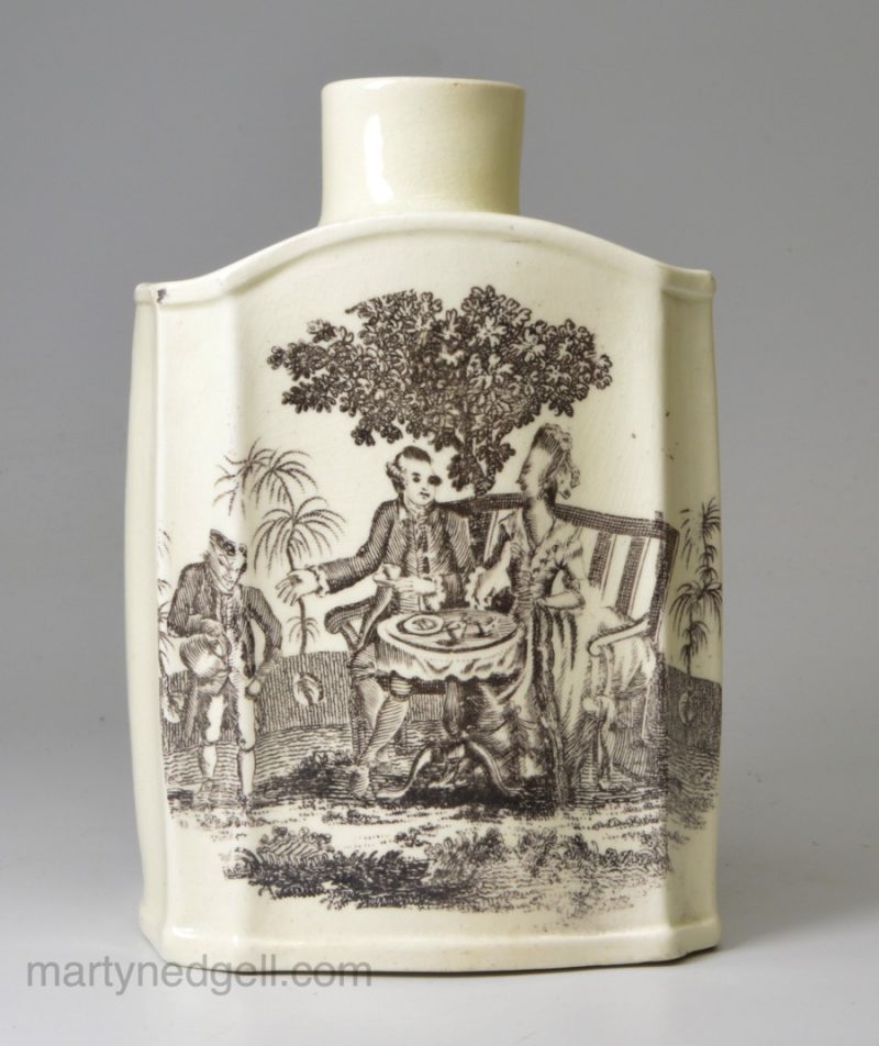 Creamware pottery tea canister printed with 'The Tea Party', circa 1780