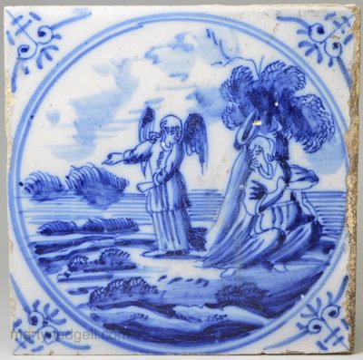 Dutch Delft Biblical tile, 'The Angel of the Lord speaking to Jacob', circa 1750