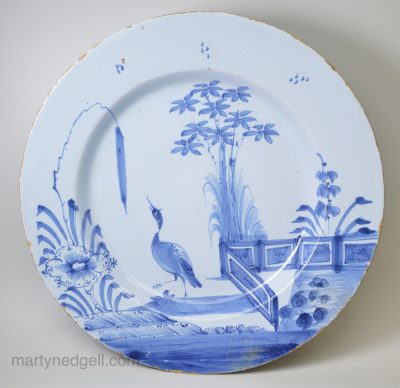 Bristol delft charger painted in blue on a pale blue tin glaze, circa 1740