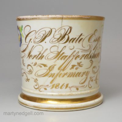 Staffordshire porcelain mug dated 1861 with the name of G. P. Bate, North Staffordshire Infirmary