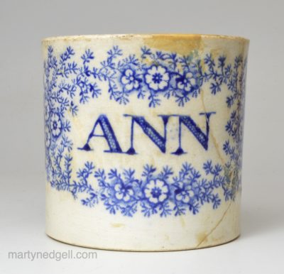 Pearlware pottery child's mug 'ANN', circa 1830