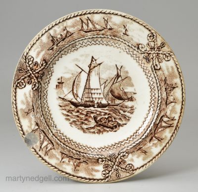 Pearlware pottery cup plate decorated with brown transfer print 'American Marine', circa 1836