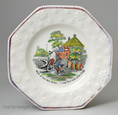 Pearlware pottery child's plate 'Want of care does us most damage than want of knowledge', circa 1840