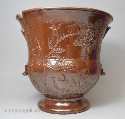 Derbyshire brown saltglaze stoneware loving cup dated 1792, probably Belper or Crich Pottery