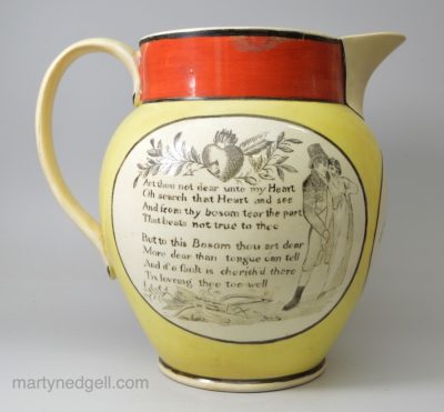 Creamware pottery jug 'Art thou not dear unto my Heart', circa 1820