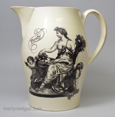 Creamware pottery jug printed with the allegorical figures for Peace and Plenty, circa 1790