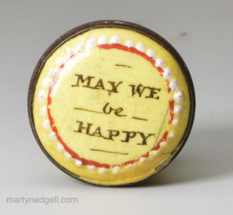 Bilston enamel pill box 'MAY WE be HAPPY', circa 1780