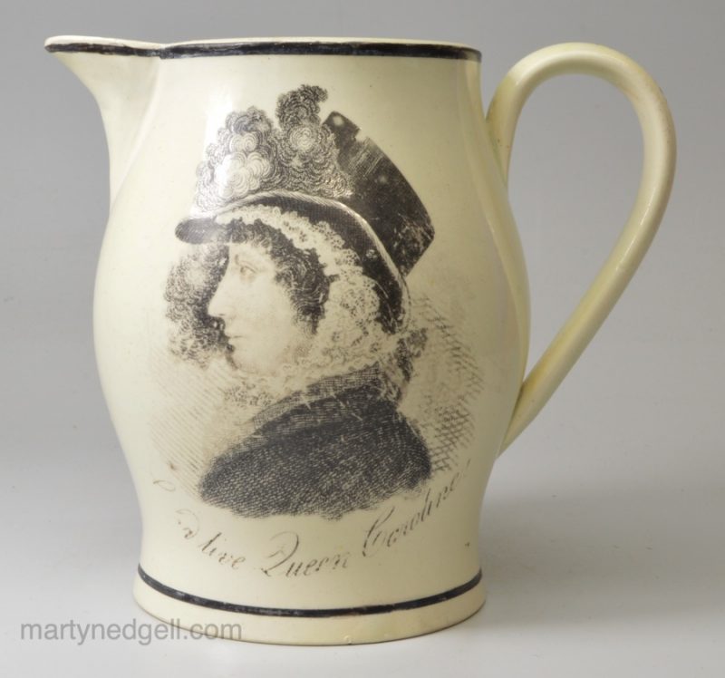 Creamware pottery commemorative jug, Queen Caroline and the green bag, circa 1821