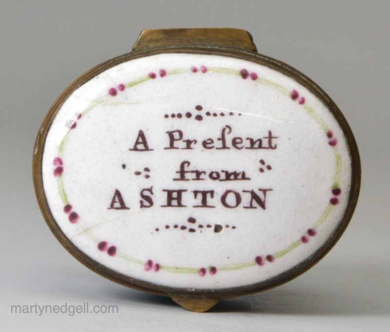 Bilston enamel patch box 'A Present from ASHTON', circa 1780