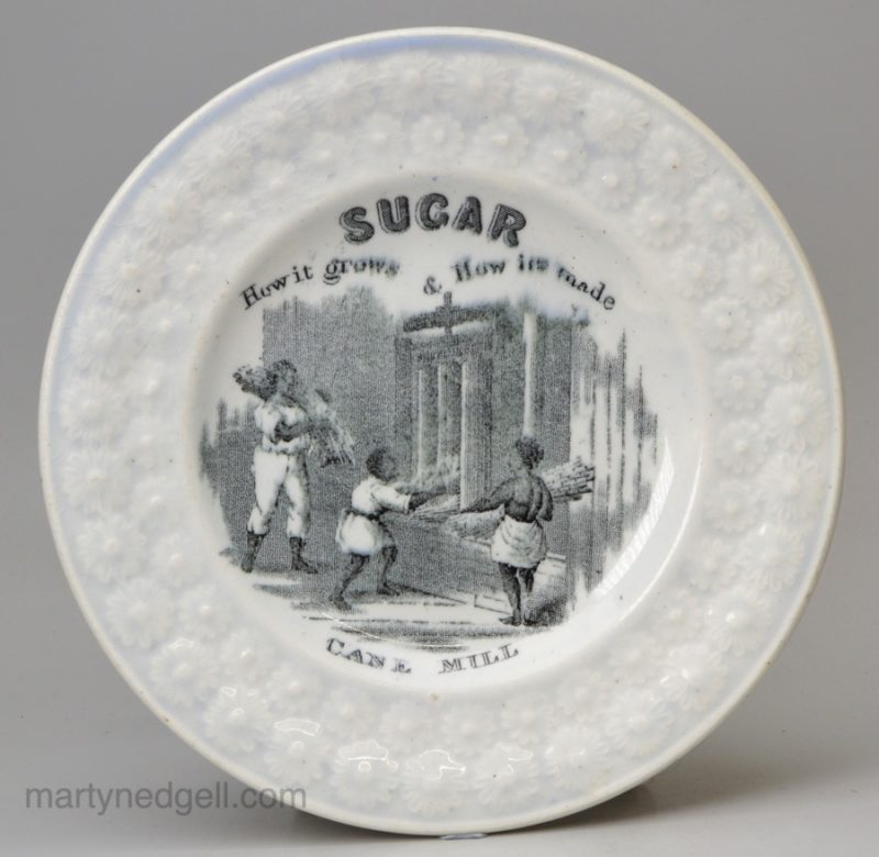 Pearlware pottery child's plate 'SUGAR How it grows & How its made', circa 1830