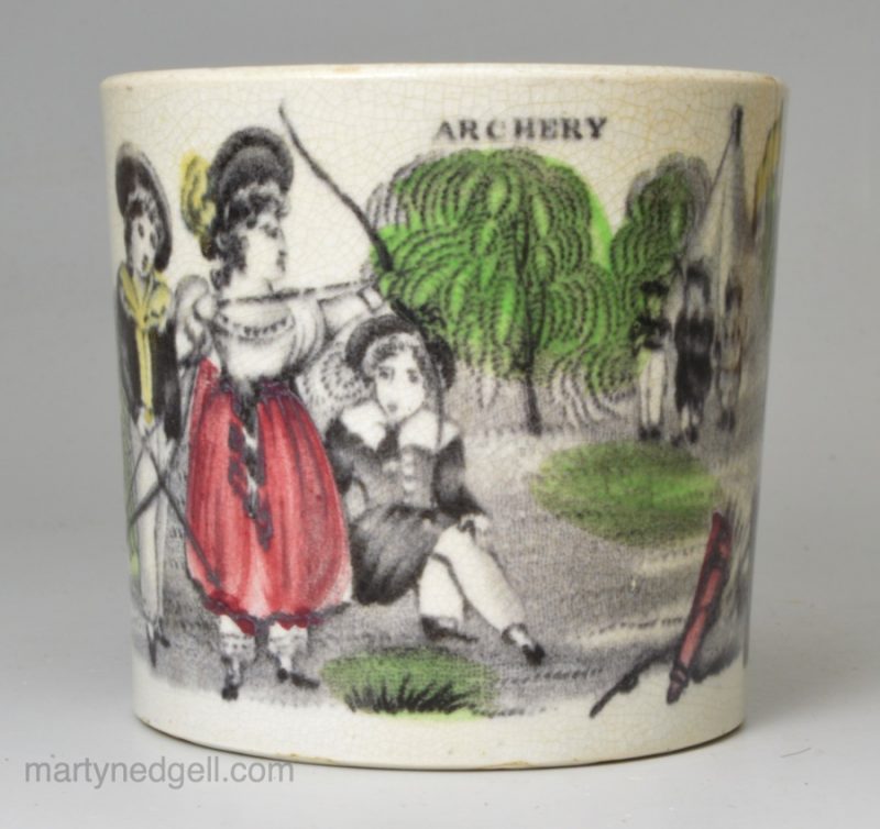 Pearlware pottery child's mug 'ARCHERY', circa 1830