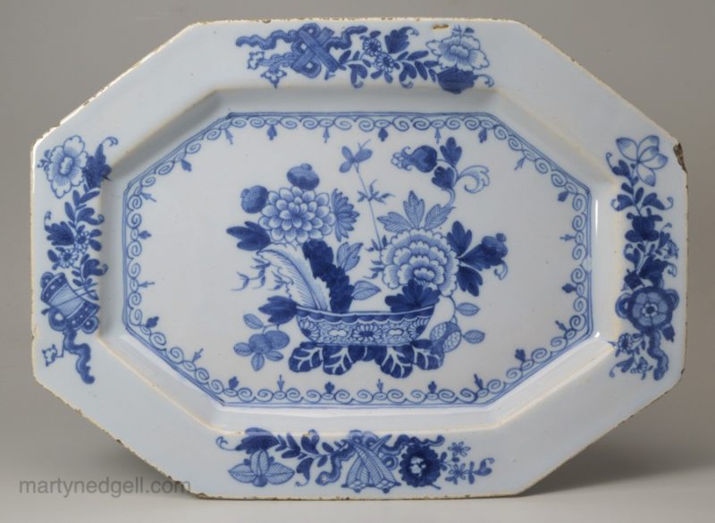 Small Anglo/Irish delft platter painted in blue with the War Bonnet pattern, circa 1750