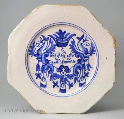 London delft Merryman plate '#5 But if his wife doth frowne', circa 1690